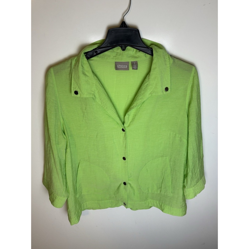 CHICO'S Bright Green Sz 3 XL Casual Dress Snap Up Shirt with Pockets Lightweight